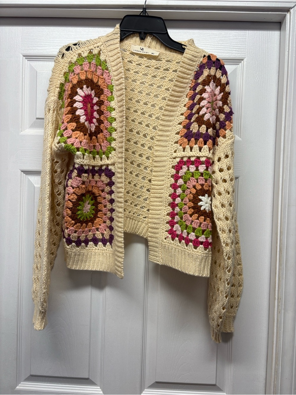 Urban Daizy Crochet-Panel Cream Cardigan Sweater with Multicolor Accents M/L